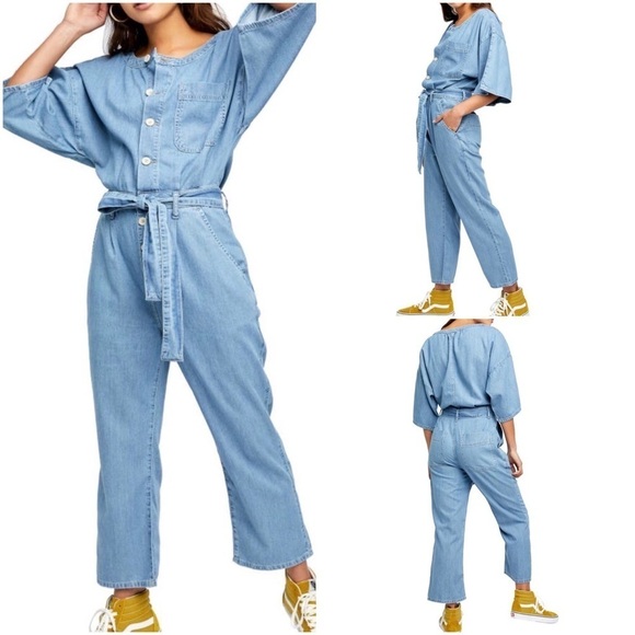 NWT Free People Marley Belted Tie Waist Lightweight Puddle Leg Denim Jumpsuit - Picture 1 of 13